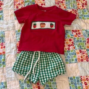 Red Strawberry Smocking Tee with Green Gingham Shorts Set